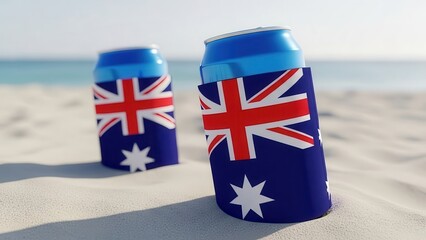 Australian Flag Beer Cans on Beach, Travel and Vacation Concept