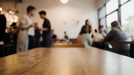 Blurred people at a cafe seen from a wooden table creating a cozy atmosphere
