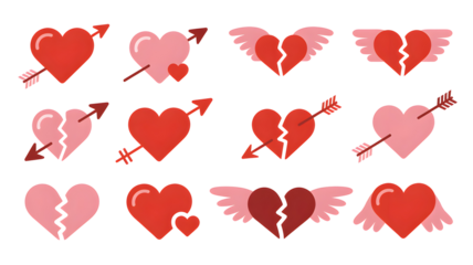 Red Pink Hearts with Arrows and Wings on White Background