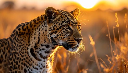 A majestic spotted leopard predator sits on a sunlit rock, capturing the fierce gaze of this wild feline hunter and big cat in its natural wildlife habitat