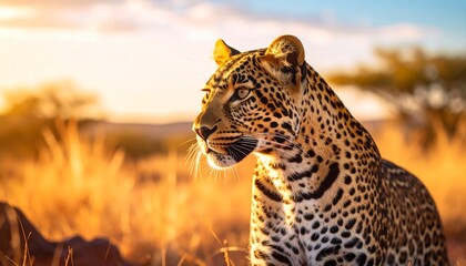 A wild leopard predator and giraffe silhouettes coexist under a golden sunset in the African safari nature landscape with the big cat showcasing its spots and feline fur