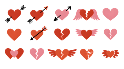 Red Hearts with Arrows and Wings on White Background