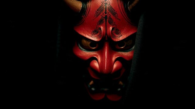 Close-up portrait of a person wearing a Japanese devil mask, emerging from a dark background with dramatic lighting, capturing mystery, folklore, intense emotion and the powerful spirit of traditional