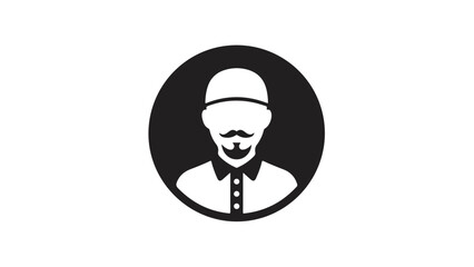 Man with mustache and cap in a black circle simple design.