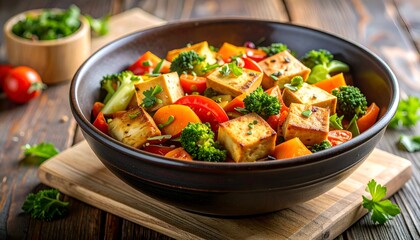 A healthy bowl of tofu and vegetables sits on a wooden board