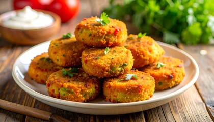 Close-up of golden-brown patties on a plate, with tomatoes, dip, and herbs in background