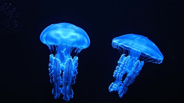 Glowing blue jellyfish float in dark water. They have transparent bells and trailing tentacles