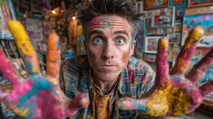 Obraz premium Artist with Colorful Paint on Hands in Vibrant Studio Setting