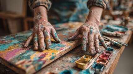 Hands of an Artist Covered in Paint at Creative Workshop Studio