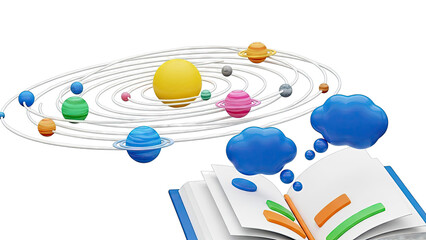 Solar System Model and Open Book with Thought Bubbles