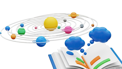 Solar System Model and Open Book with Thought Bubbles