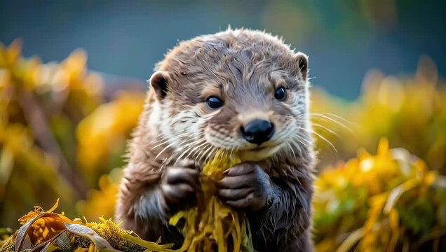 Charming otter munching seaweed, captured up-close in its ocean habitat wonder of nature