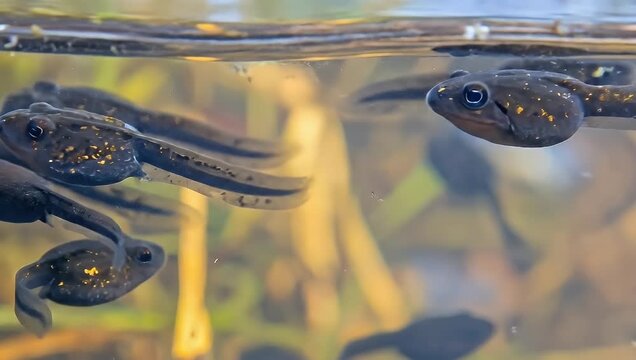 Delicate tadpoles swimming in calm water reveal nature's fascinating transformation