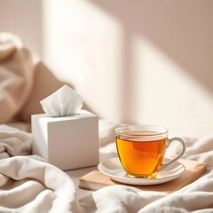 차 한 잔과 티슈가 놓인 포근한 실내 휴식 장면