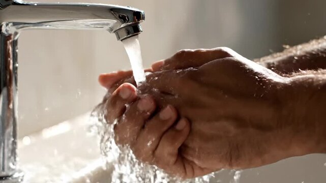 Bright close-up of a muslim washing hands for wudhu with running water from a faucet inside a prison.