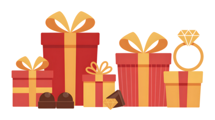 Red Gift Boxes with Gold Bows and Ring on White Background