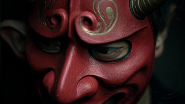 Close-up portrait of a person wearing a Japanese devil mask, emerging from a dark background with dramatic lighting, capturing mystery, folklore, intense emotion and the powerful spirit of traditional