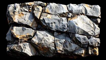 Textured close-up of jagged grey rocks with orange and brown accents