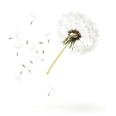 Close up of dandelion seed head with seeds floating gently in air, symbolizing lightness and natural beauty in minimalistic white background