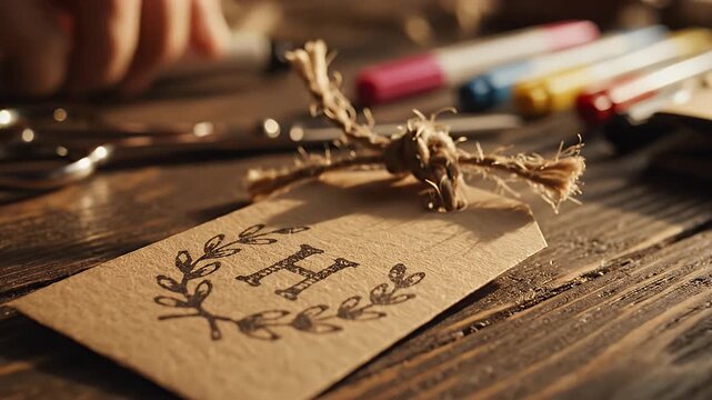 Close-up of hand drawing elegant initial H logo on a gift tag on wooden table