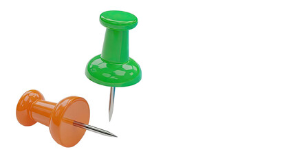 Two colorful push pins on a white background