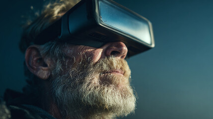 A senior man wearing a VR headset, with a contemplative expression on his face, looking up. The image evokes a sense of wonder and the possibilities of technology