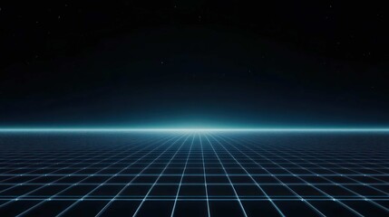 empty virtual reality environment, represented by a glowing digital grid stretching to an infinite horizon, geometric shapes and data structures floating in the space, clean, abstract, 