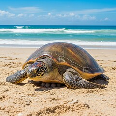 Fototapeta premium Green Sea Turtle on a Sandy Beach with Blue Ocean and Sky in the Background.