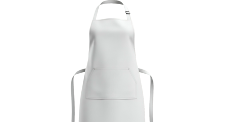 Front-facing white apron with pocket and neck loop, isolated on black