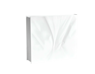 Rectangular, white object with wrinkled white fabric draping over the front