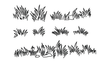 Black grass silhouettes. hand drawn lawn tufts. set of doodle grass. hand drawn grass outlines. garden patches. vector illustration