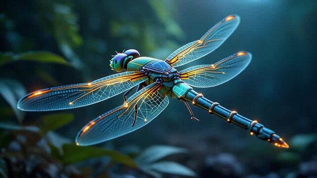 A digitally rendered, detailed dragonfly with glowing, geometric wings and metallic teal body, blurred background