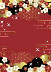 和風背景イラスト、かわいい、シンプル、梅、赤、キラキラ、縦