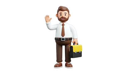 3D Cartoon Businessman Waving and Holding Briefcase