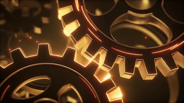 Intricate close-up of rotating golden gears with glowing edges, set against a dark, blurred background