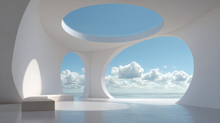 A modern architectural marvel, showcasing a minimalist design with unique, organic shapes and captivating views of the sky and sea through its circular windows.