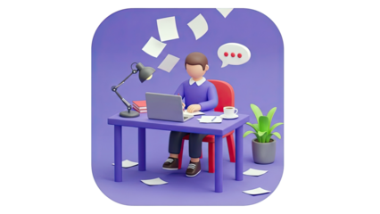 3D illustration of a person working at a desk with a laptop and papers