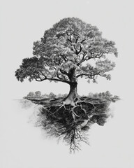 Fototapeta premium Intricate Black and White Sketch of a Tree with Deep Root System