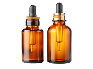Two Glass Bottles With Droppers, One Filled With Amber Liquid, One Empty, Against  isolated on white background, PNG. AI Generated