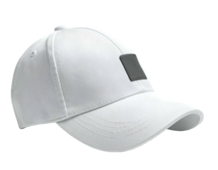 White cap with a gray square patch on the front, shadow