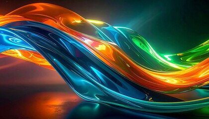 Shiny, metallic ribbons of orange, blue, and green swirl across a dark, reflective plane