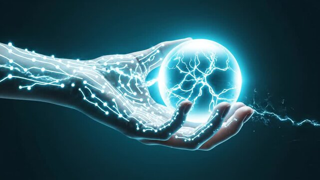 A hand cradles a glowing orb of energy, connected by circuit-like pathways. A teal background enhances the sci-fi scene