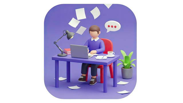 3D illustration of a person working at a desk with a laptop and papers - Powered by Adobe