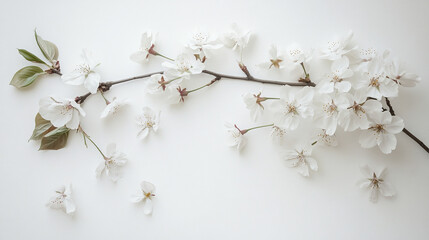 Delicate branch of white cherry blossoms with soft petals and green leaves on light background, evoking calm and peaceful spring atmosphere