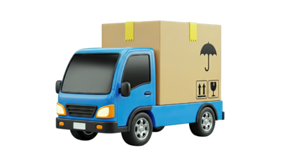 Blue delivery truck with cardboard box and shipping symbols