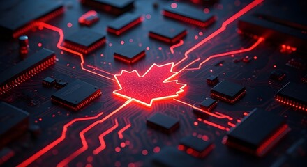 Abstract dark circuit board with glowing red maple leaf symbol and connecting lines