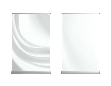 Two white roll-up banner displays; one with abstract design, other blank - Powered by Adobe