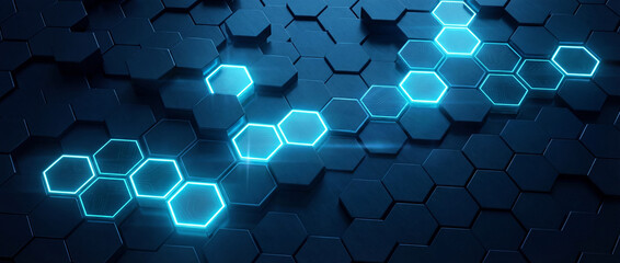Glowing blue hexagonal grid abstract technology data background
