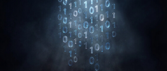 Binary numbers falling digital data stream background