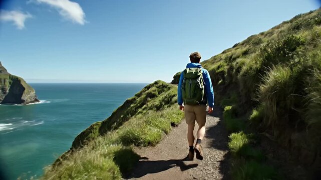 Backpacker exploring the coastal trails of the Faroe Islands on a sunny summer day